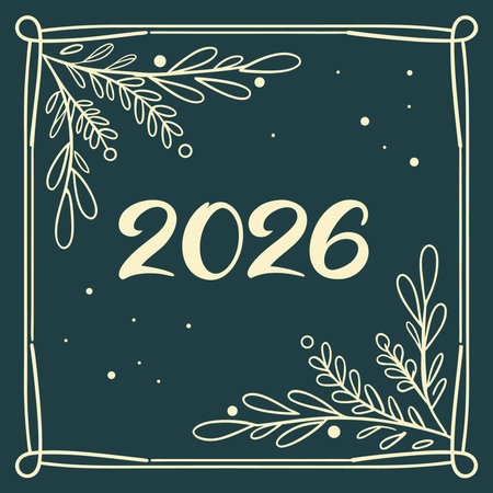 A stylish New Year card design featuring the year 2026, adorned with delicate floral elements and a minimalist frame on a dark green background.のイラスト素材