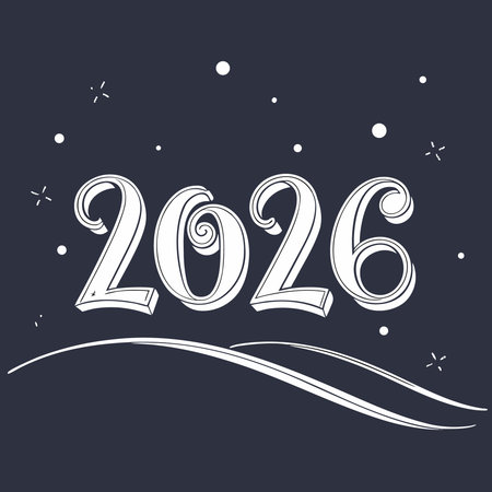 A stylish 2026 design featuring elegant lettering, snowflakes, and curved lines, perfect for New Year celebrations and festive greetings.のイラスト素材