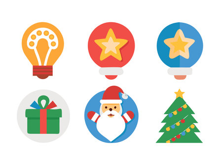 A collection of colorful Christmas icons featuring Santa Claus, a decorated Christmas tree, a wrapped gift, and festive light bulbs.のイラスト素材