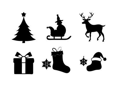 A collection of Christmas-themed silhouettes including a Christmas tree, Santas sleigh, a reindeer, a gift box, a stocking, and a Santa hat, all in black against a white background.のイラスト素材