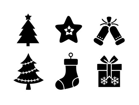 A collection of festive Christmas icons including Christmas trees, a star, mittens, a stocking, and a gift box, perfect for holiday designs.のイラスト素材