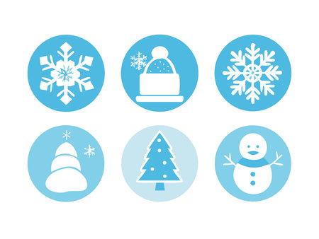 A set of winter-themed icons featuring snowflakes, a winter hat, a Christmas tree, and a snowman, all contained within blue circular backgrounds.のイラスト素材