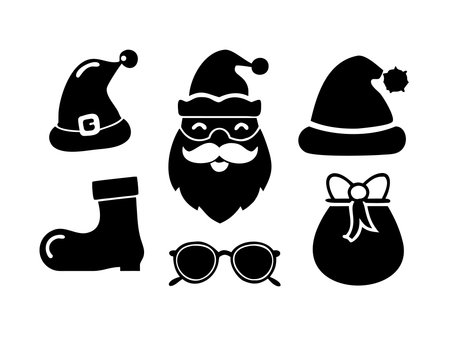 A collection of black silhouette icons representing Christmas elements, including Santa Claus, hats, a boot, glasses, and a gift bag, perfect for holiday designs.のイラスト素材