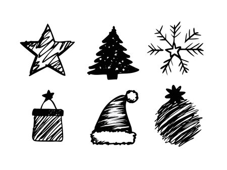 A set of hand-drawn Christmas icons including a star, Christmas tree, snowflake, gift, Santa hat, and ornament, perfect for holiday designs.のイラスト素材