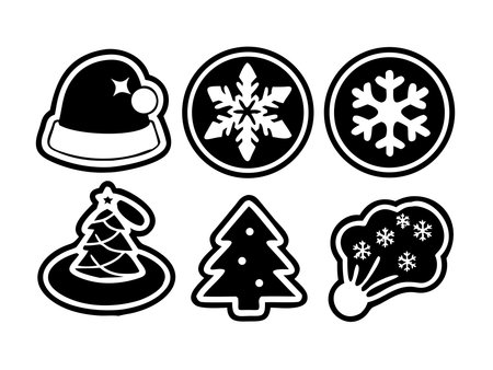 A collection of black and white Christmas icons featuring a Santa hat, snowflakes in circles, and stylized Christmas trees, perfect for holiday designs.のイラスト素材