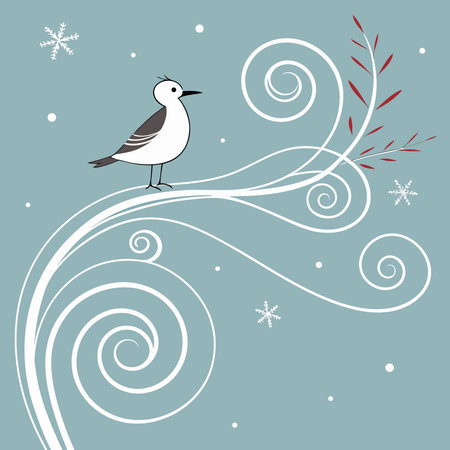 A charming illustration of a bird perched on a swirling branch, surrounded by snowflakes, creating a whimsical winter scene.のイラスト素材