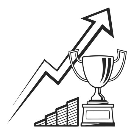 A black and white illustration featuring a trophy, an upward-pointing arrow, and a bar chart, symbolizing success, growth, and achievement in business or personal endeavors.のイラスト素材