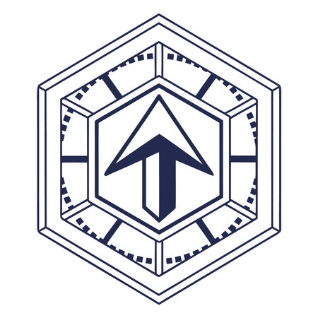A geometric design featuring an arrow inside a hexagon, surrounded by a detailed border with lines and dots, creating a modern and symbolic image.のイラスト素材