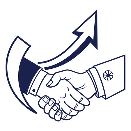 Illustration of a handshake symbolizing a successful partnership agreement, enhanced by an upward arrow indicating growth and progress.のイラスト素材