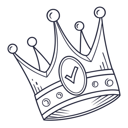 A detailed line drawing of a crown adorned with a checkmark symbol, representing royalty, achievement, and success. Ideal for designs needing a touch of elegance and validation.のイラスト素材