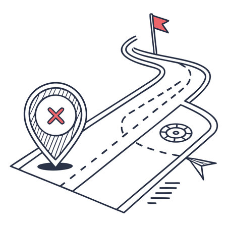 A stylized illustration depicting a roadmap on a mobile device, leading to a flag, symbolizing navigation, direction, and the journey to achieving goals.のイラスト素材
