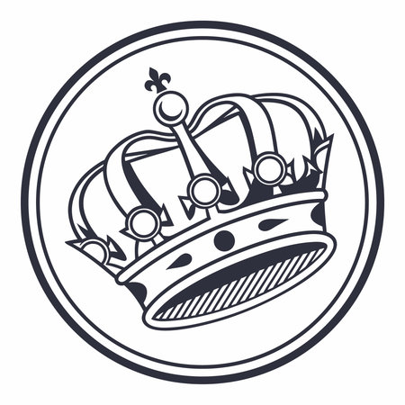 A detailed black and white illustration of a crown, centered within a circular frame, symbolizing royalty, power, and historical significance. Ideal for heraldry or design projects.のイラスト素材