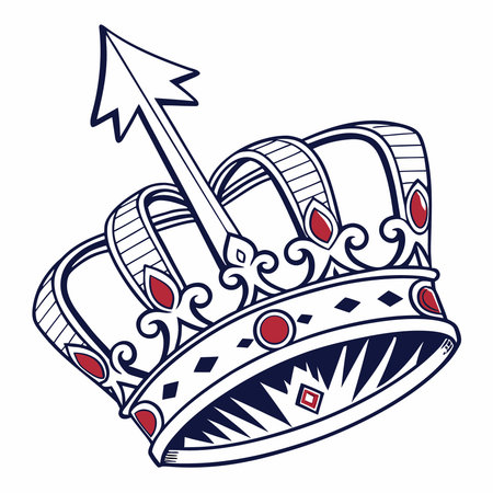 Detailed illustration of a crown with an arrow piercing through it, combining elements of royalty and precision. The design features intricate details and bold outlines, creating a striking visual.のイラスト素材