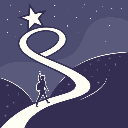 A stylized illustration shows a person walking on a winding path towards a bright star, symbolizing ambition and achievement.のイラスト素材