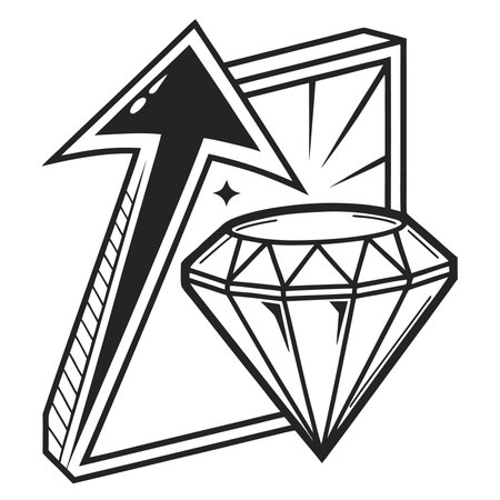 A stylized illustration featuring a diamond and an upward-pointing arrow, symbolizing growth, value, and success in business or personal development.のイラスト素材
