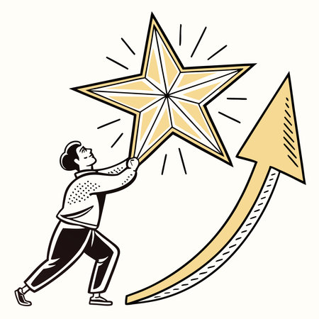 A vintage illustration shows a man reaching for a shining star, symbolizing ambition and achievement, with an upward-pointing arrow indicating growth.のイラスト素材
