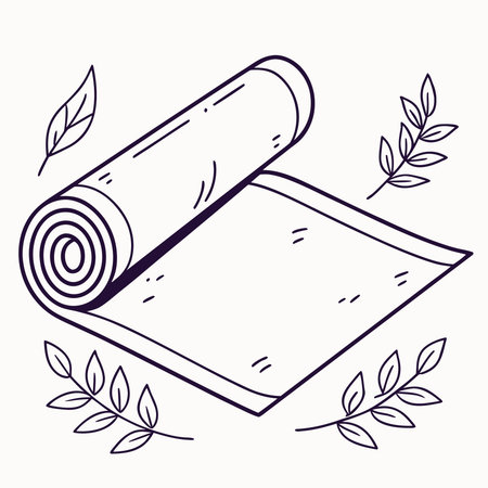 A hand-drawn illustration of a partially rolled yoga mat surrounded by botanical elements, perfect for wellness and fitness themes.のイラスト素材