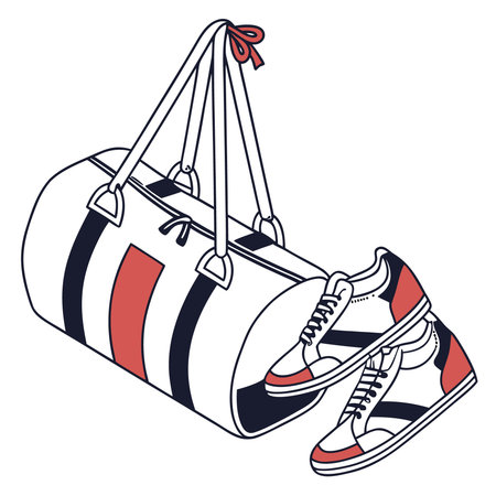 A vibrant illustration showcasing a gym bag and sneakers, perfect for fitness enthusiasts and promoting an active lifestyle. The design features bold colors and clean lines.のイラスト素材