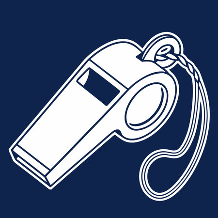 A simple illustration of a white whistle with a lanyard on a blue background, perfect for sports or safety themes.のイラスト素材