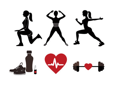 A vector illustration showcasing silhouettes of women doing various exercises, accompanied by symbols of health and fitness, promoting a healthy lifestyle.のイラスト素材