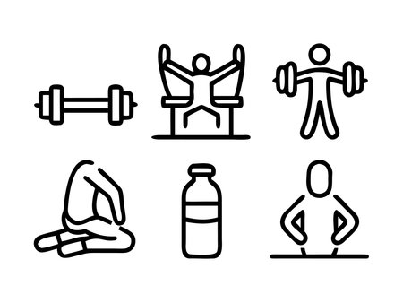 A collection of fitness-related icons, including weightlifting, exercise machines, stretching, a water bottle, and a person with hands on hips.のイラスト素材
