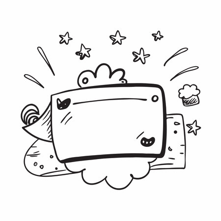 A hand-drawn style illustration of a tablet with stars, sweets, and abstract shapes around it, creating a playful and imaginative design.のイラスト素材