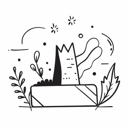A minimalist black and white illustration featuring a stylized mountain, plants, and geometric shapes, creating a serene and modern landscape design.のイラスト素材