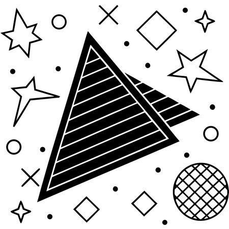 A black and white geometric pattern featuring a triangle with stripes, stars, circles, diamonds, and dots, creating a modern and abstract design.のイラスト素材