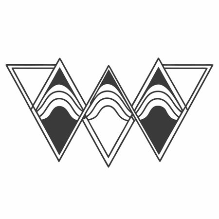 A minimalist geometric design featuring three triangles with wave patterns inside, connected by interlocking lines, creating a modern and abstract visual.のイラスト素材