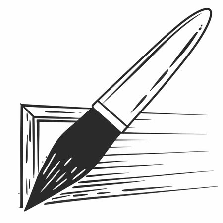 A black and white illustration shows a paintbrush applying paint to a wooden surface, creating a simple and artistic image.のイラスト素材