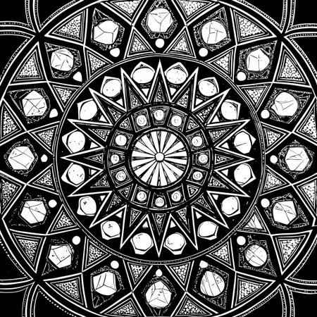 A detailed black and white mandala featuring geometric patterns and dice-like shapes, creating a...