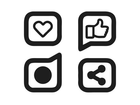 A set of four social media icons featuring a heart, a thumbs up, a comment bubble, and a share symbol, all in a simple, outlined design.のイラスト素材