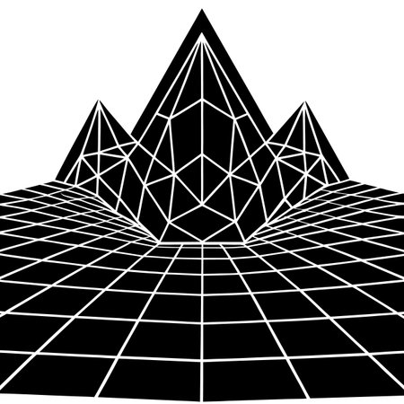 A black and white abstract geometric landscape featuring pyramids and a grid-like structure, creating a visually intriguing and modern design.のイラスト素材