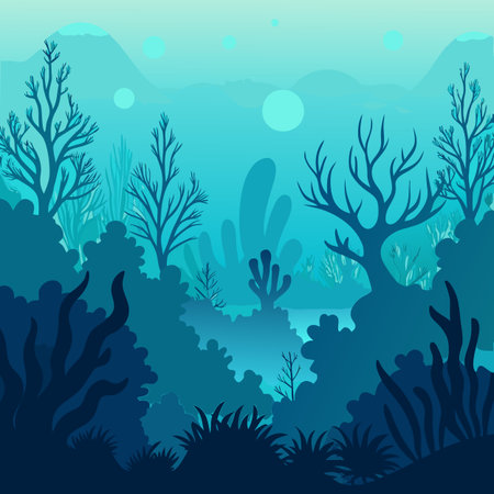 A serene underwater scene featuring silhouetted aquatic plants and soft lighting, creating a mystical and tranquil atmosphere. The color palette is dominated by shades of blue.のイラスト素材