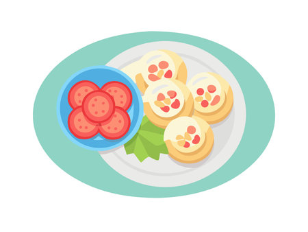 A vibrant illustration of a food plate featuring sliced tomatoes in a blue bowl and savory rolls topped with ingredients, perfect for culinary themes.のイラスト素材
