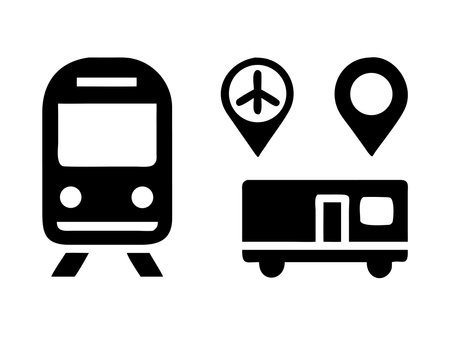 A set of transportation icons including a train, bus, and location markers, ideal for travel and transportation-related designs.のイラスト素材