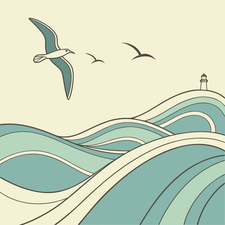 Stylized illustration of seagulls soaring above rolling ocean waves, with a distant lighthouse on a hill.のイラスト素材