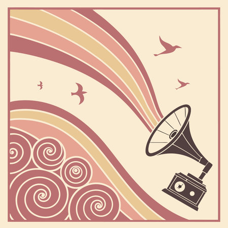 Retro gramophone illustration with swirling sound waves and flying birds, evoking nostalgia and music.のイラスト素材