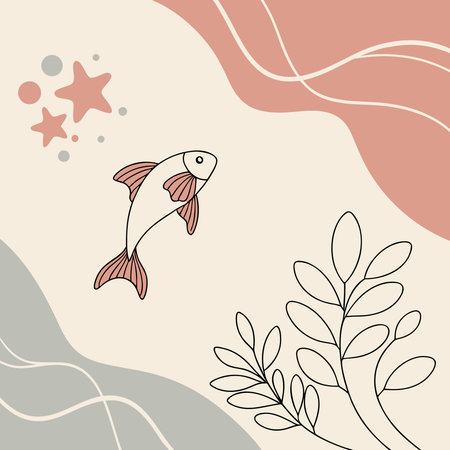 A simple, clean illustration featuring a fish, stars, and plant elements with a soft color palette.のイラスト素材