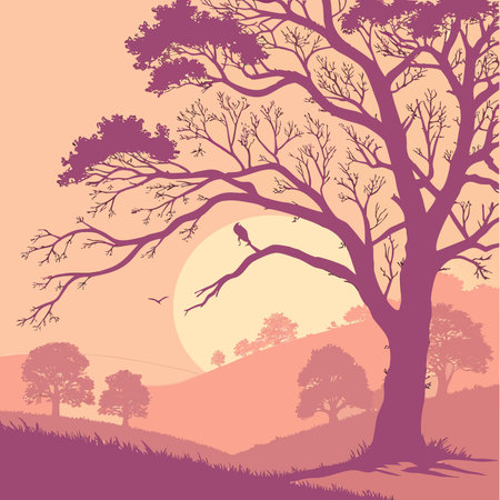 A lone bird perches on a branch of a large, silhouetted tree against a warm, hazy sunset over rolling hills.のイラスト素材
