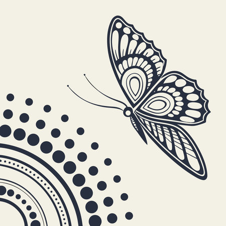 A stylized black and white illustration of a butterfly in flight, accompanied by a pattern of abstract dots and concentric circles.のイラスト素材
