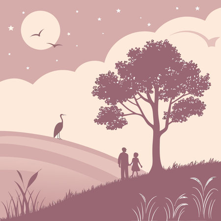 A couple stands under a large tree, silhouetted against a soft sunset sky with a heron in the distance.のイラスト素材