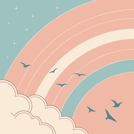 A whimsical illustration of a pastel rainbow arching over soft clouds, with small birds soaring through the sky. The colors are muted and calming, creating a dreamy atmosphere.のイラスト素材