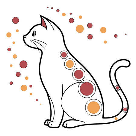A minimalist, line-art illustration of a sitting cat adorned with a pattern of colorful circles, set against a background of scattered dots.のイラスト素材