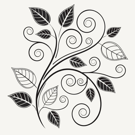 A decorative black and white illustration featuring swirling vines and stylized leaves, perfect for elegant designs.のイラスト素材