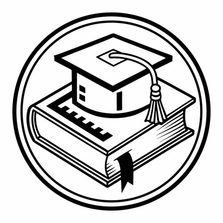 Simple black and white line art illustration of a graduation cap resting on a closed book, representing education, learning, and academic achievement.のイラスト素材