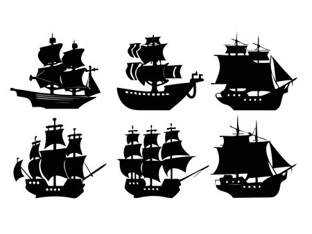 A set of six distinct black silhouettes of classic sailing ships, perfect for historical or nautical themes.のイラスト素材