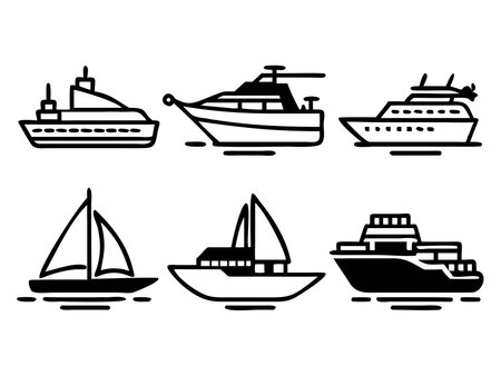 A collection of different boat and ship outlines and silhouettes, including yachts, sailboats, and cruise ships.のイラスト素材