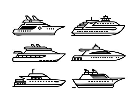 A collection of six different line art icons depicting various types of yachts and cruise ships, suitable for maritime and travel themes.のイラスト素材