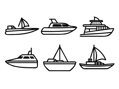 A collection of simple line art illustrations featuring different types of boats and yachts, perfect for maritime themes.のイラスト素材
